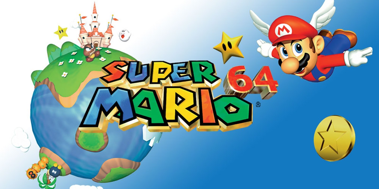 Visuel de Super Mario 64, présentant Mario en train de voler devant le château de Peach.