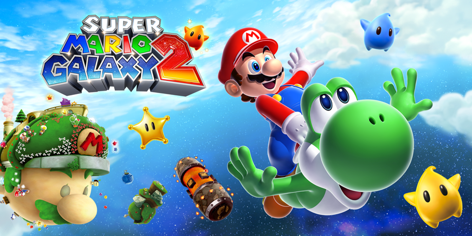 Visuel de Super Mario Galaxy 2, présentant Mario à dos de Yoshi volant dans l'espace avec des Lumas et des planètes en fond.