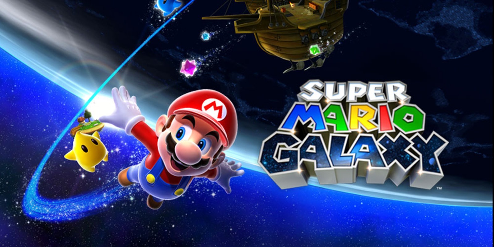 Visuel de Super Mario Galaxy, présentant Mario et un Luma planant dans l'espace, devant un bateau volant de Bowser.