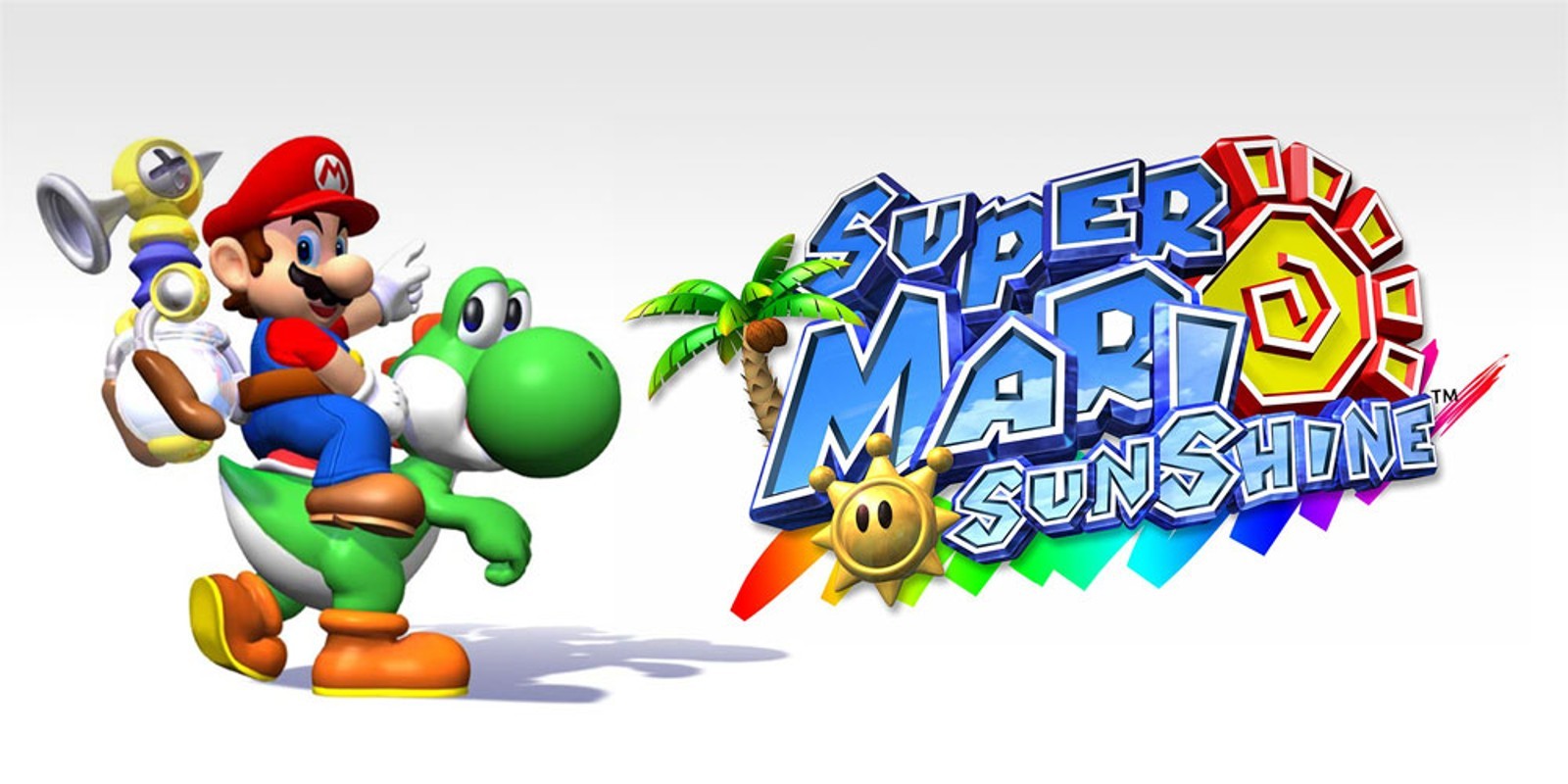 Visuel de Super Mario Sunshine, présentant Mario à dos de Yoshi et avec un pistolet à eau bien trop élaboré accroché à son dos.