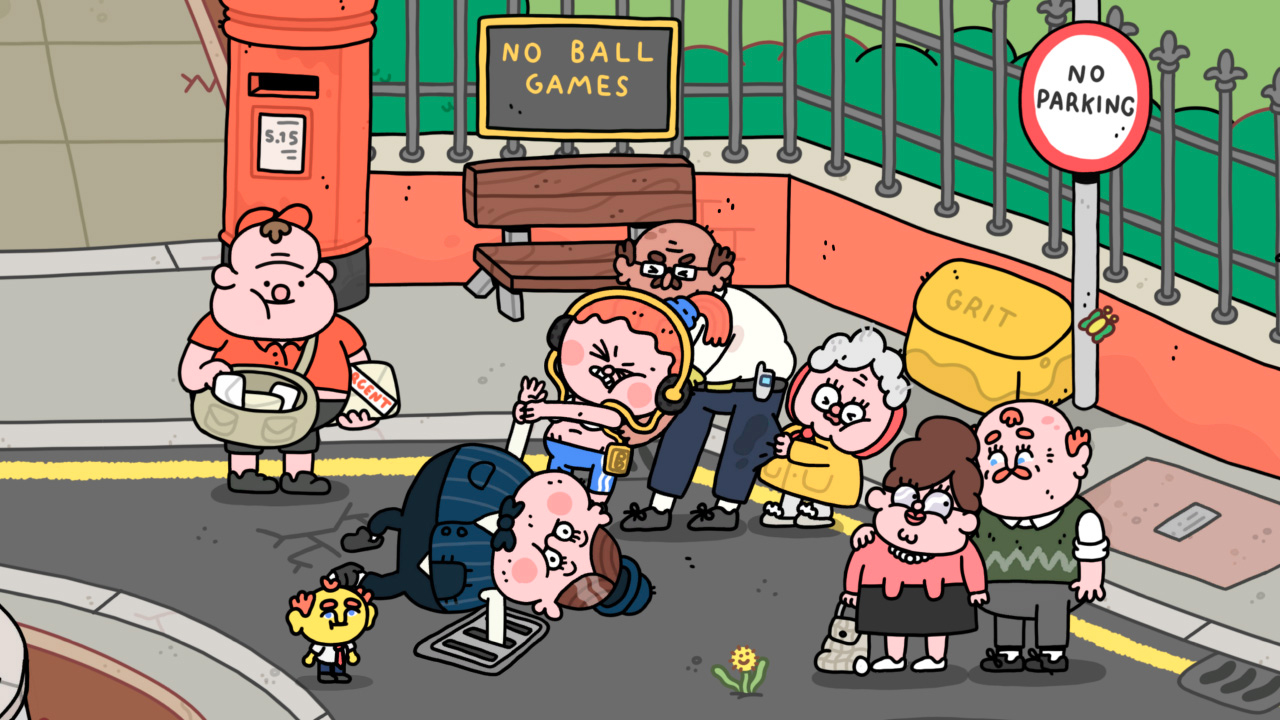 Screen du jeu. C'est en fait un cartoon avec des couleurs vives et un trait rondouillard. Ici, nous sommes dans une rue avec un type dont le bras est coincé dans une grille d'égout, trois personnes lui tirent l'autre bras pour l'aider à sortir. Notre personnage est un tout petit monsieur jaune avec un costume cravate et les cheveux roux qui assiste ici à la scène.