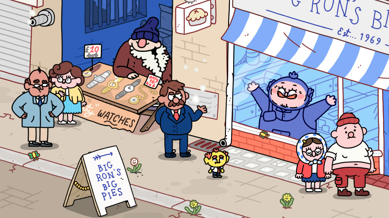 Screen du jeu, on est dans une autre rue, devant le magasin "Big Ron's Big Pies", avec Ron collé contre sa vitrine, essayant de nous alpaguer. Il y a une file d'attente devant sa devanture. Son voisin de rue est un revendeur à la sauvette qui dispose d'un stand en carton sur lequel il a dessiné des montres, les faisant passer pour vraies.