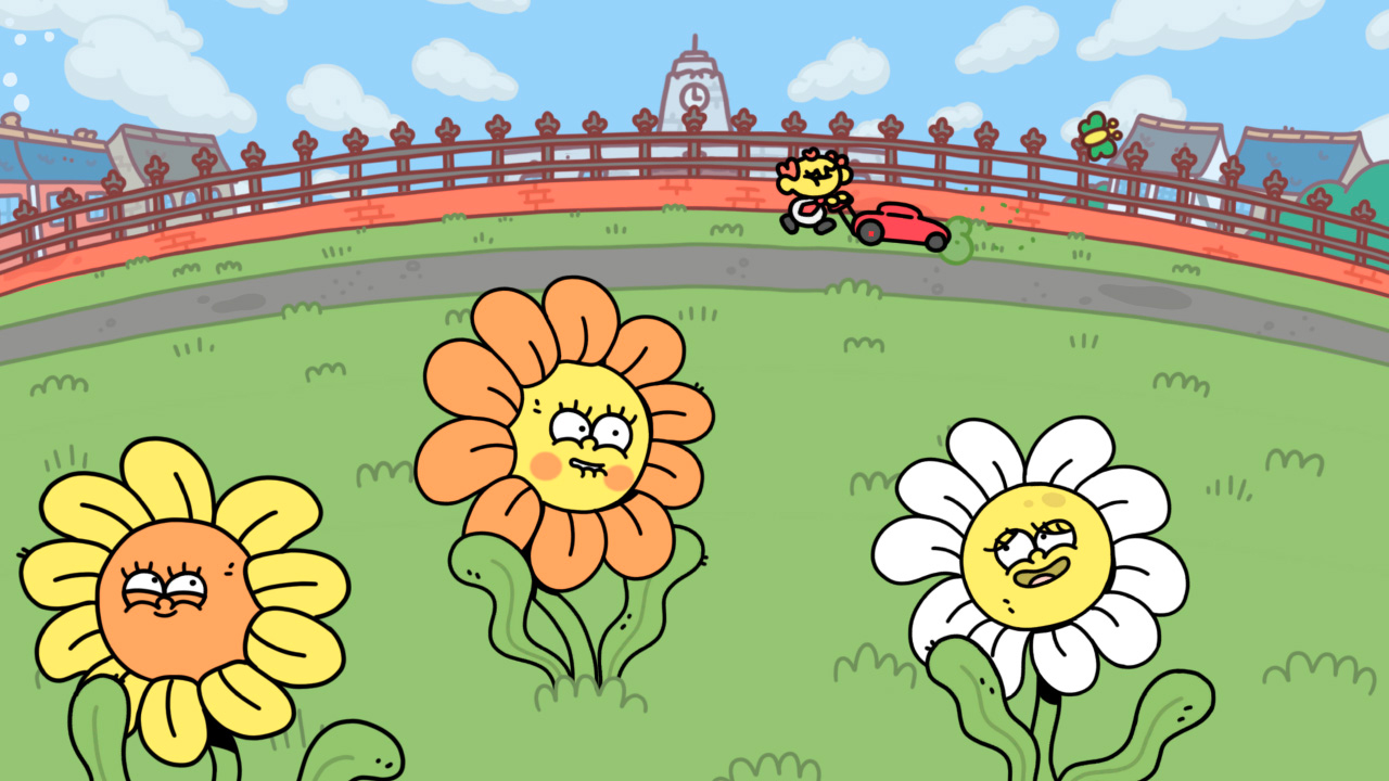 Screen du jeu, au premier plan, on est sur une pelouse, on a deux fleurs avec des visages qui se draguent. À l'arrière-plan, notre personnage pousse une tondeuse rouge. Devinez la suite de la scène.