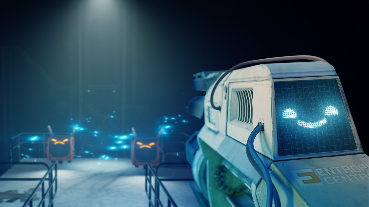 Artwork du jeu, présentant une arme de tir en premier plan, métallique et futuriste, avec un petit écran à LEDs affichant le sourire d'Astra, l'IA qui nous accompagne. En fond, on voit des robots ressemblant à des dessertes, floqués d'un grand écran affichant un sourire inversé et fâché, on devine qu'ils sont pas là pour boire le thé.