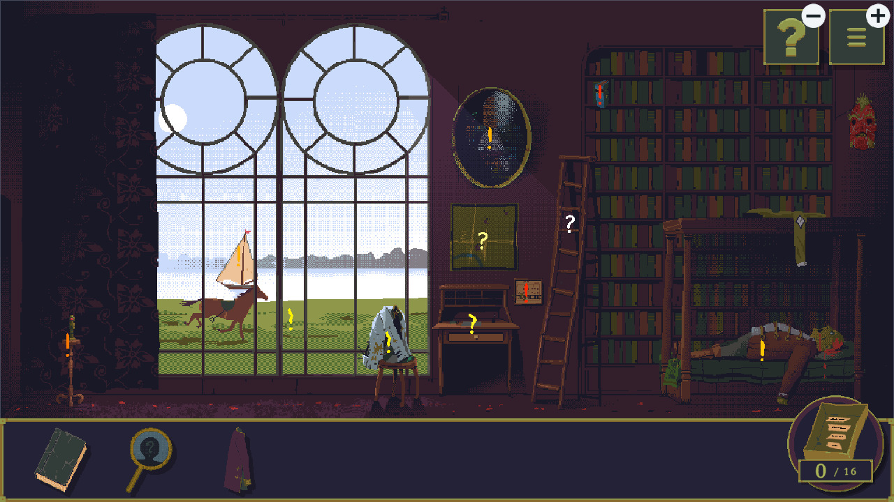 Screenshot du jeu, un jeu en 2D en pixel art. On voit ici la scène fixe du chapitre 2, on est dans un grand salon anglais du XVIIIème siècle avec une grande bibliothèque, des portraits, une grande fenêtre qui donne sur l'extérieur, une petite table, et un cadavre avec le crâne en sang allongé sur un lit à baldaquin.