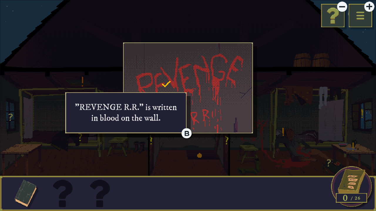 Screenshot d'une scène du chapitre 4, le focus est mis sur un message écrit au mur avec du sang : REVENGE R.R.