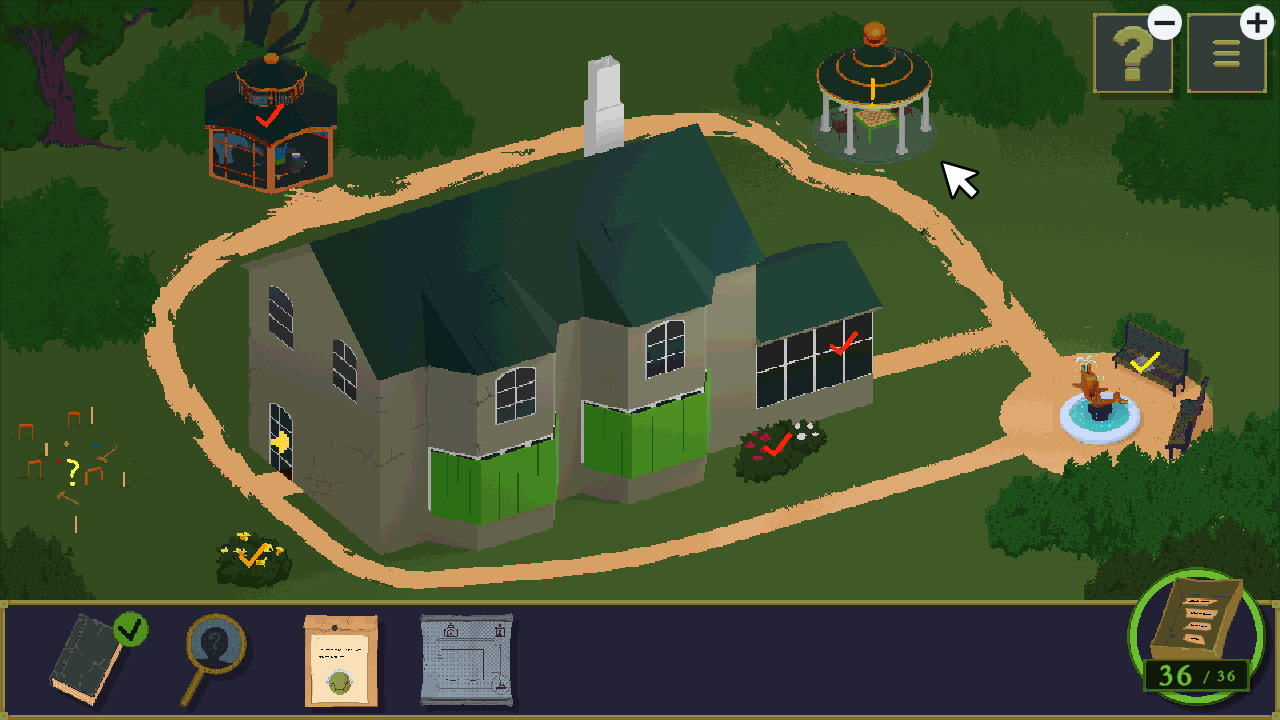 Screenshot du jeu, un manoir à la campagne entouré de kiosques et de jardins.