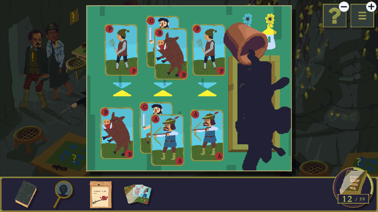 Screenshot d'un des DLC du jeu, avec le résumé d'une partie de cartes comprenant quatre types de cartes : les archers, les sangliers, les centaures et un autre type qui apparait pas et j'ai oublié lequel c'est, je sais juste que j'ai dû déduire les règles du jeu en question.