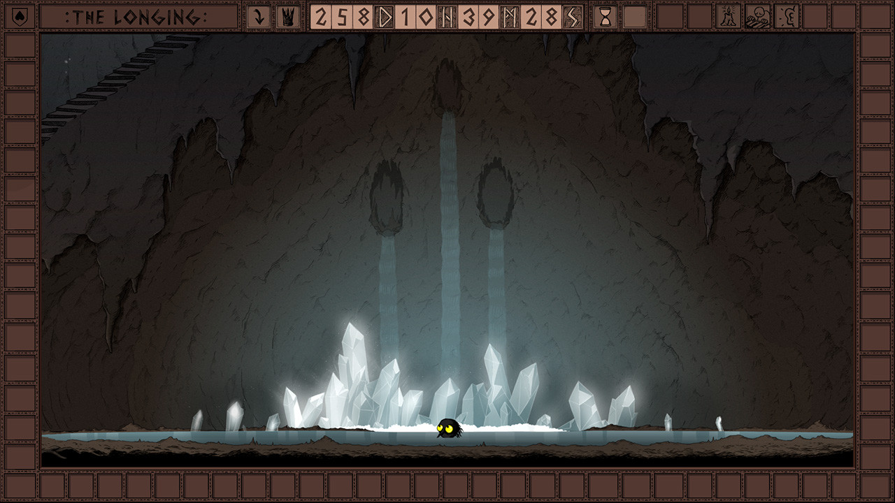 Screen du jeu montrant le perso se baignant dans un lac souterrain, orné de grands cristaux blancs.