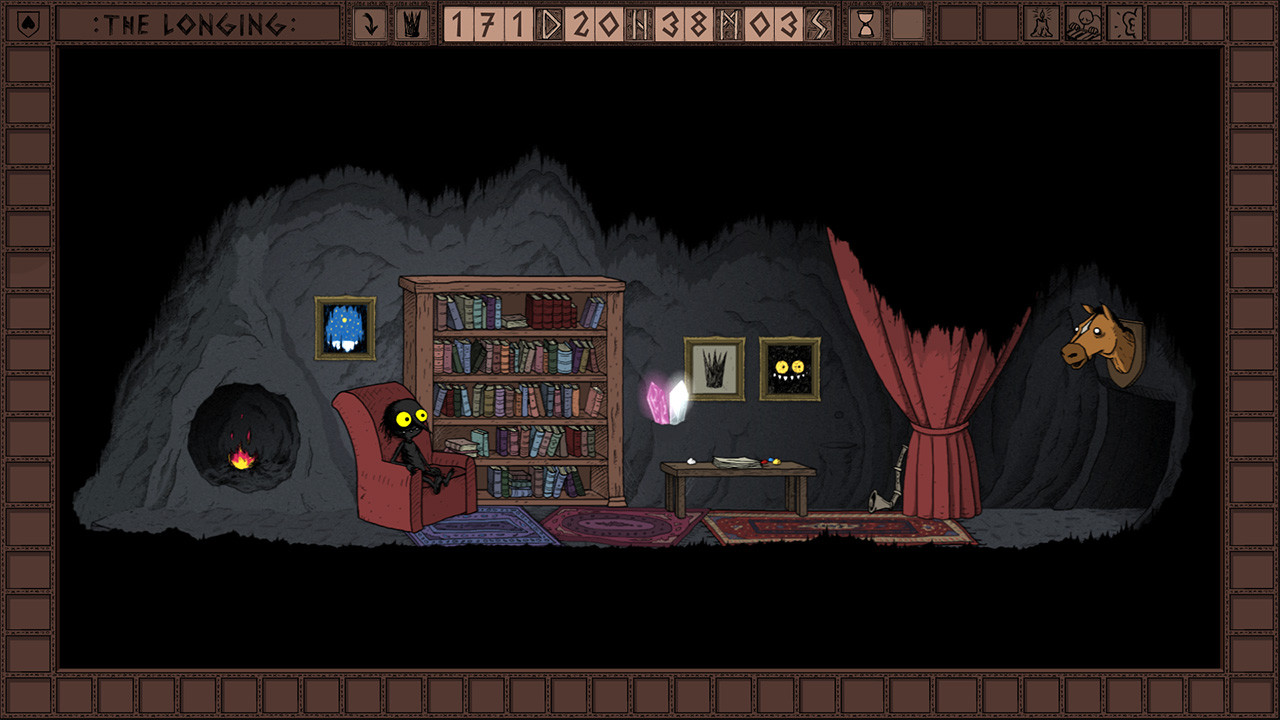 Screen du jeu de notre caverne personnelle, décorée avec des tapis, un rideau, un feu de cheminée, une bibliothèque, des peintures, ...