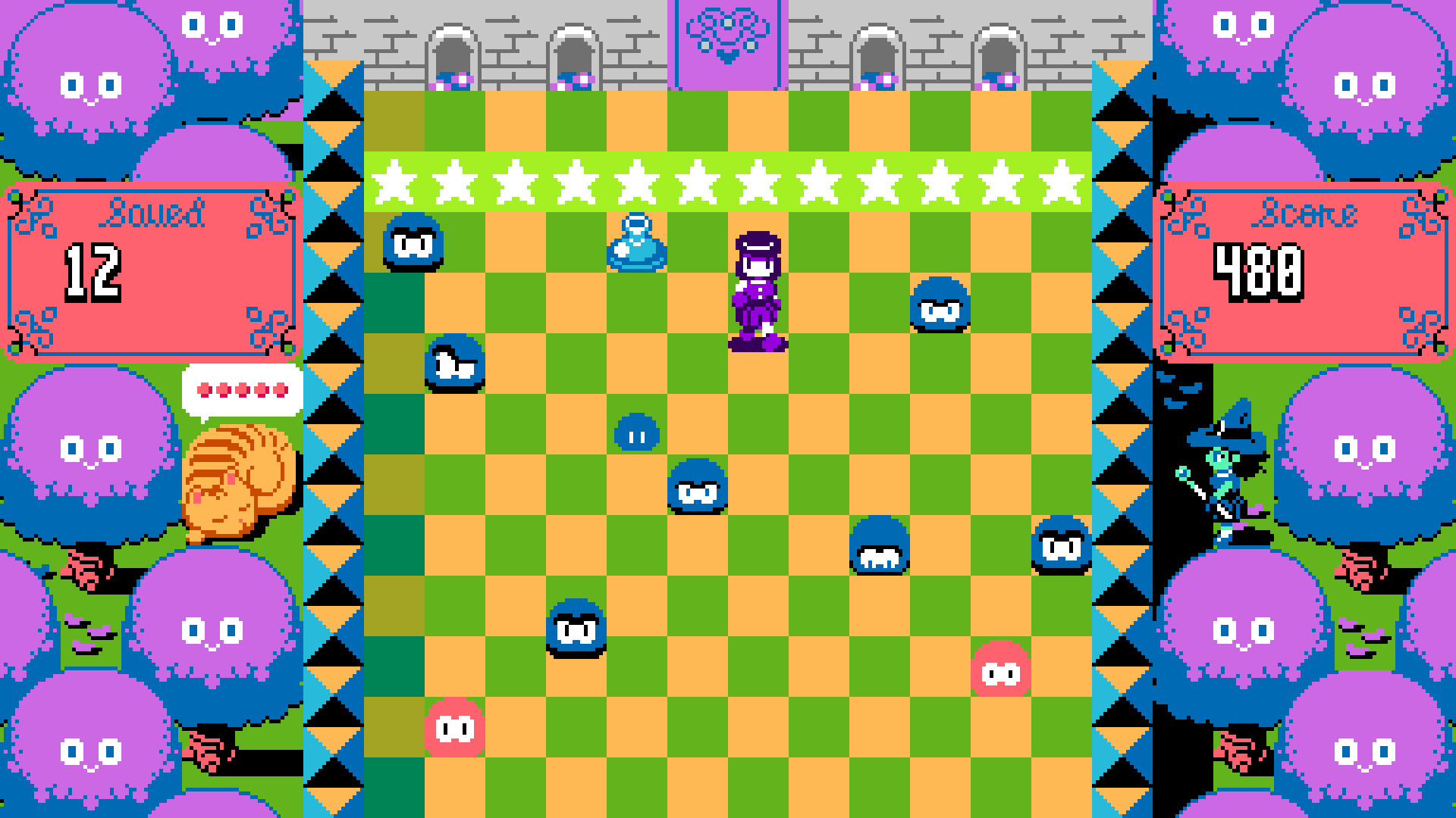 Screen de Magic Garden, une arène de collecte de blobs qui poppent sur le terrain sur lequel il faut faire un score beaucoup trop haut pour le considérer comme fini.