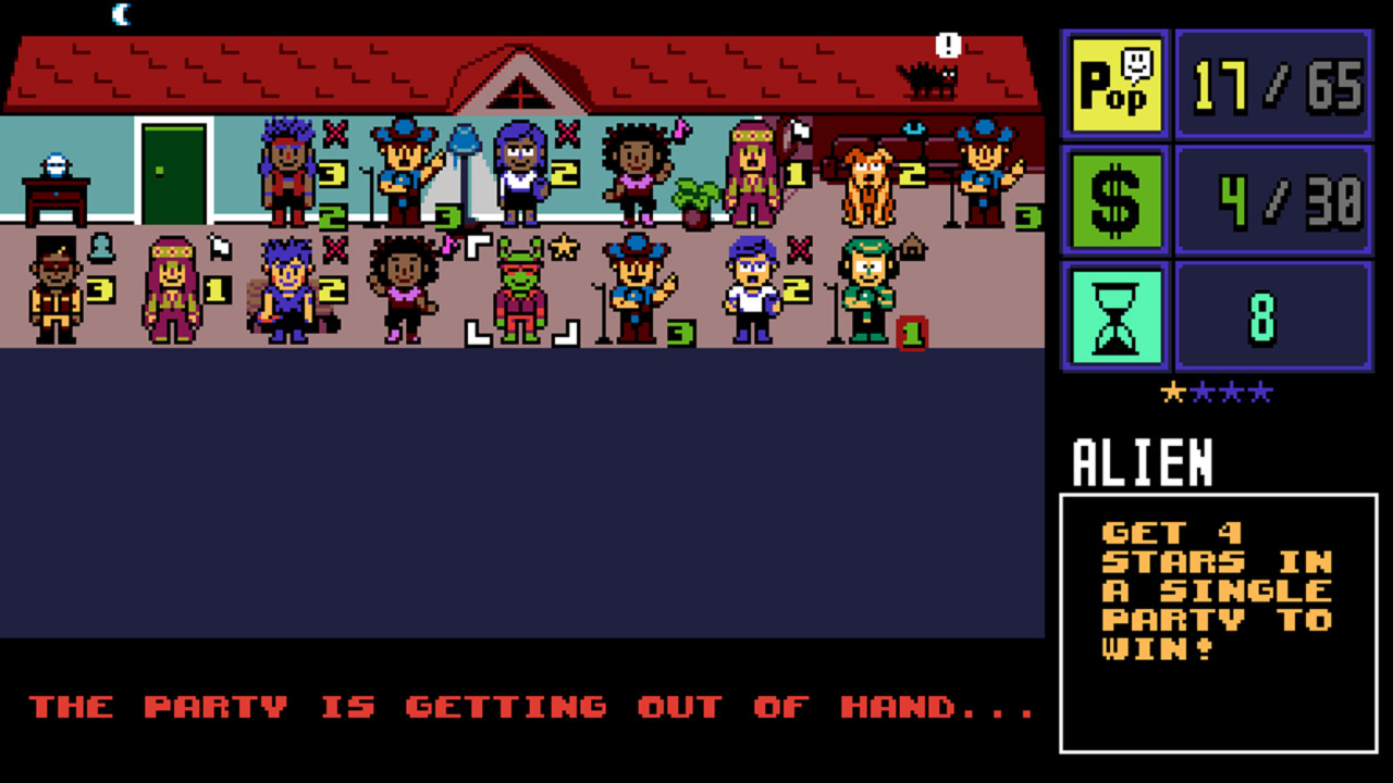 Screen de Party House, un jeu avec des personnages squattant une maison et des indicateurs sur chacun d'eux. Il faut remplir une jauge de popularité, une jauge d'argent, et le tout dans un nombre de fêtes limité.