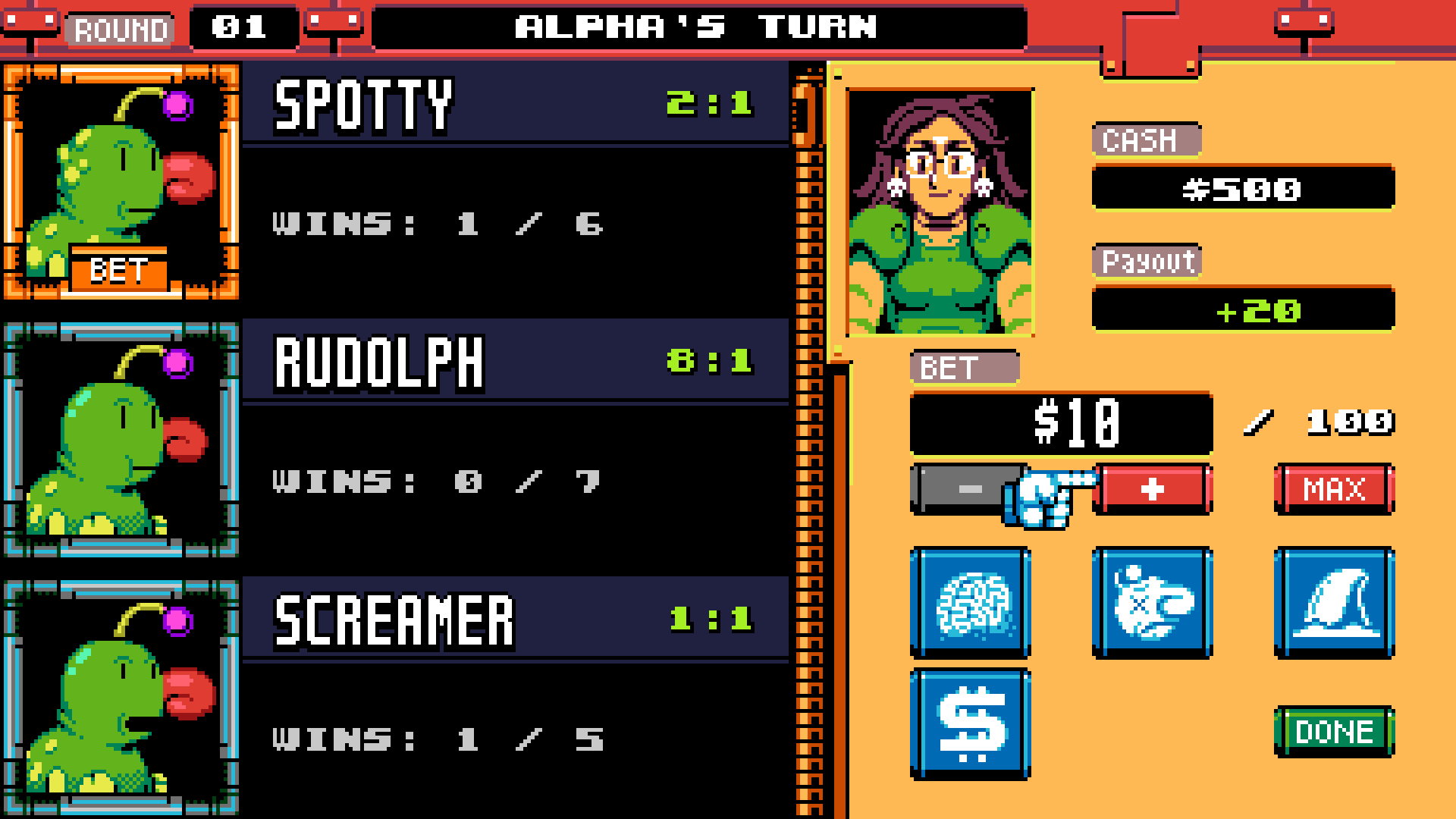 Screen de Quibble Race, une interface où l'on peut parier sur une des trois espèces de chenilles participant à une course, il y a des boutons menant à des phases d’entrainement, de sabotage, de boutique, ...
