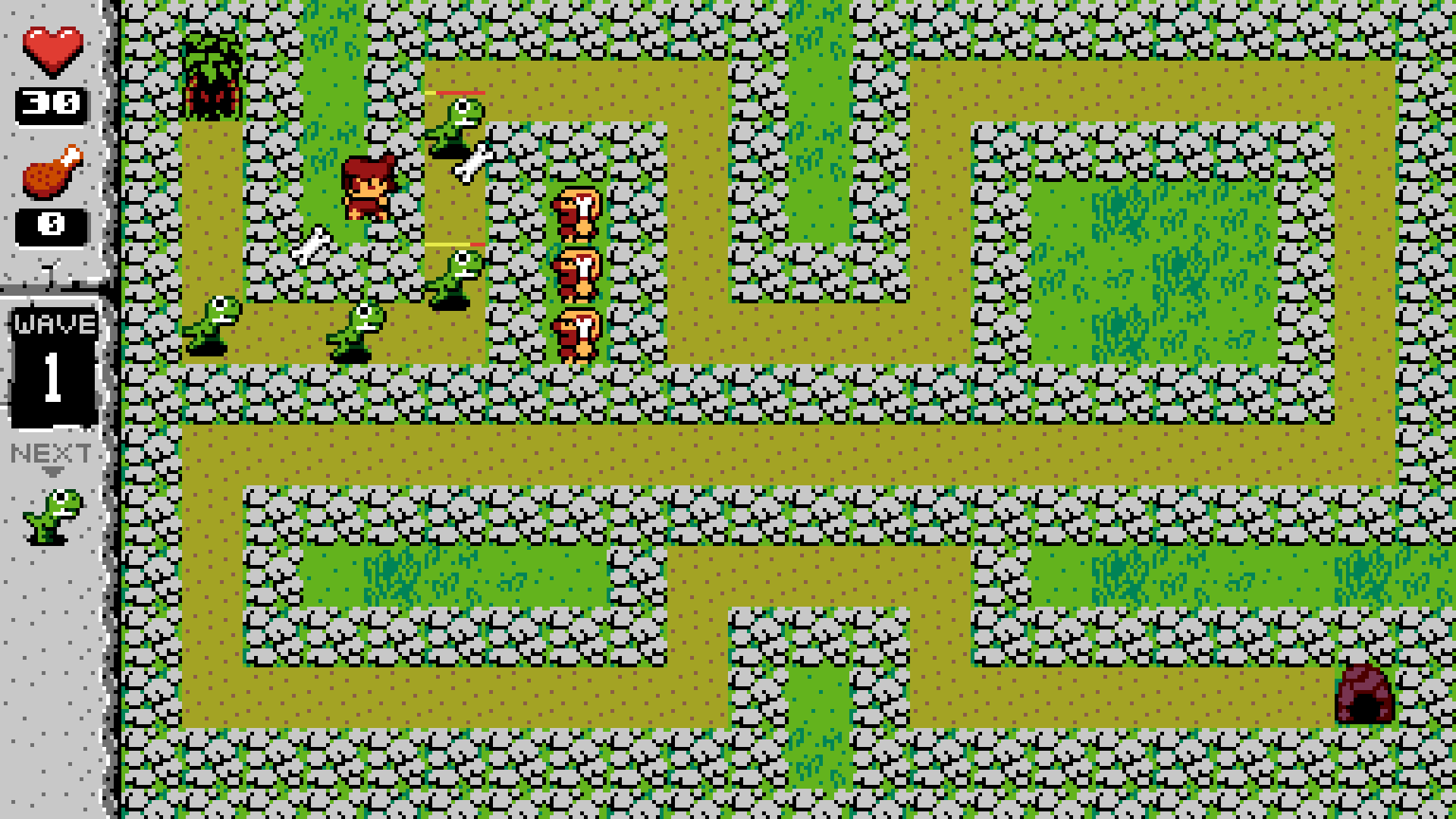Screen de Rock On! Island, un tower defense à l'ère préhistorique où l'on recrute des guerriers pour repousser des dinosaures, mais on n'a pas assez de sous et il y a trop de dinos dès les premiers niveaux.